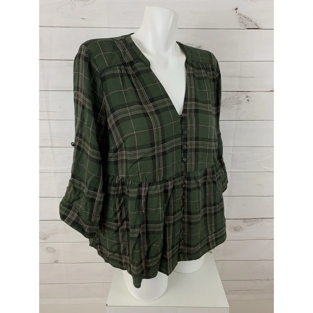 Torrid Womens 3/4 Sleeve Roll Tab Army Green Plaid Button Down Top Shirt Plus 00 - Picture 6 of 8